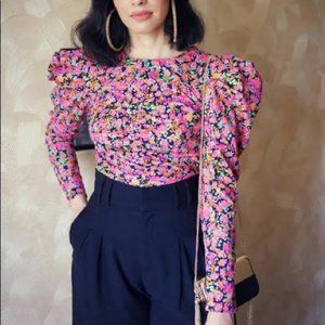 Zara pink floral exaggerated puff sleeve ruched statement cropped LS shirt Med